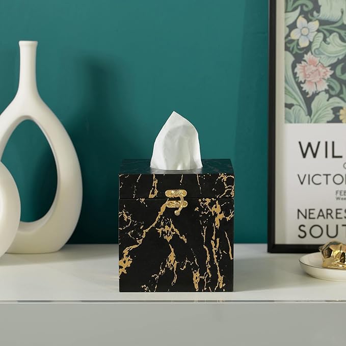 Black and Gold Marble Tissue Box Cover for Kleenex Box, Modern Elegant Tissue Box Holder with Lock for Bathroom, Bedroom, and Living Room, Square Shape Toilet Tissue Holder Organizer