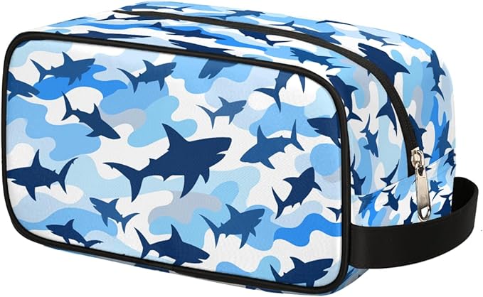 Shark Blue Camo Kids Toiletry Bag for Boys Girls, Cosmetic Makeup Bag with Handle, Travel Shaving Kit Organizer, Waterproof Portable Wash Bag for Gym Vacation Camping Sports