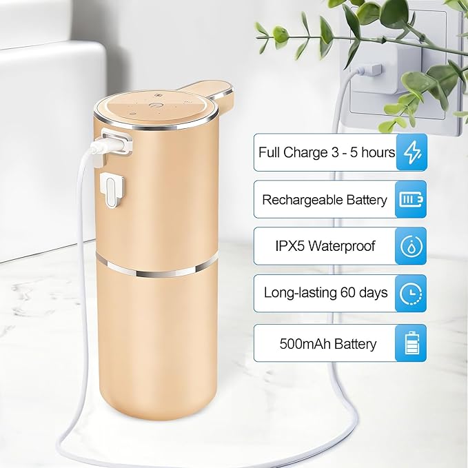 Automatic Foaming Soap Dispenser - Hand Free Pump Touchless Soap Dispenser USB Rechargeable Dispenser with 380ml, 4levels Adjustable Dispenser for Bathroom Kitchen