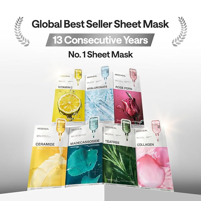 Mediheal Essential Face Mask [Teatree] Calming Moisutre 10 pcs. with 99% Purity Teatree for Intensive Soothing, Deep Hydration - suitable for acne-prone skin - Vegan Formula Korean Sheet Mask