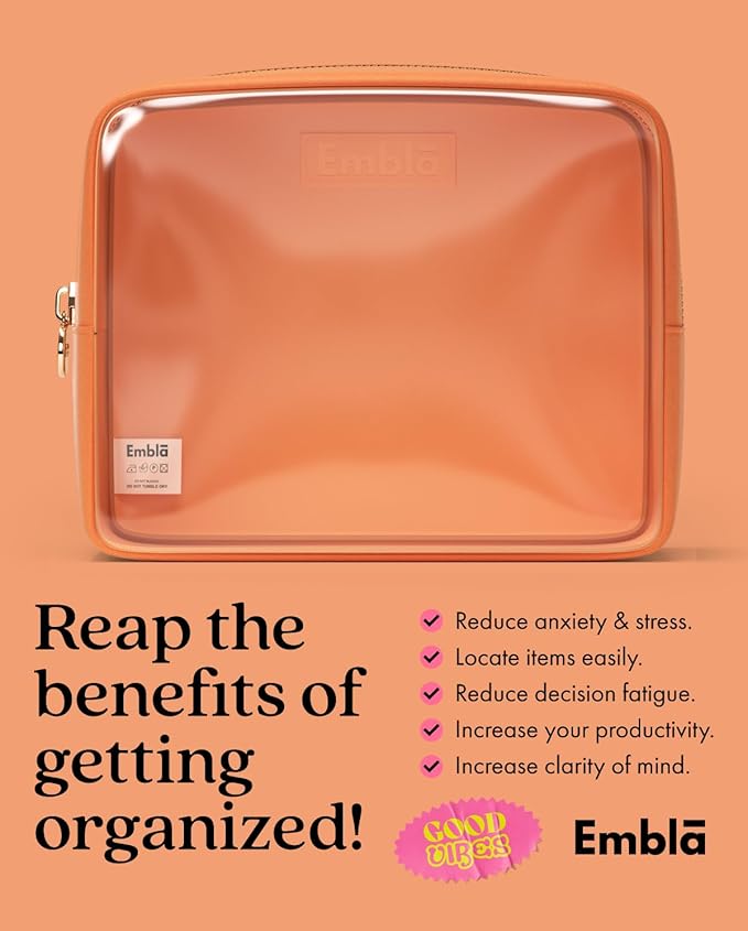 Embla Clear Large Makeup Bag Cute Big Make Up Nylon Pouches Travel Bathroom Bags for Toiletries XL Cosmetic Pouch for Women Girls Extra Large Zipper Toiletry Skincare Organizer Orange