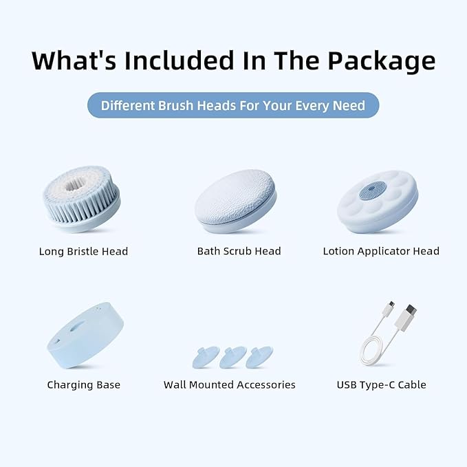 Electric Body Brush Back Scrubber for Shower, Waterproof Long Dual Handle Power Body Scrubber with 3 Heads, Bath Brush & 2 Speeds, for Cleansing, Exfoliating and Massaging Skin, Sky Blue