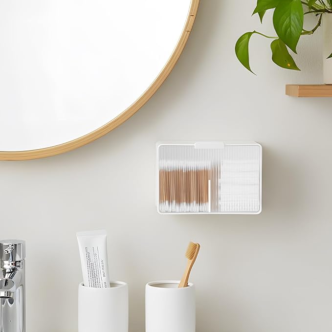 Qtip Holder, 2 Pack Wall Mount Qtip Holder Organizers for Bathroom Cotton Swabs, Balls, Cosmetic Cotton Pads, Dental Floss Storage - White