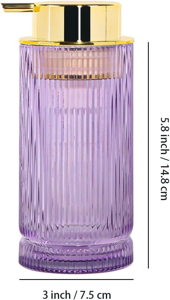 Foaming Soap Dispenser, Purple Glass Foam Hand Soap Dispenser with Gold Pump, 14 Oz Bathroom Refillable Liquid Lotion Pump Ribbed Bottle Container for Kitchen Countertop Decor, 1