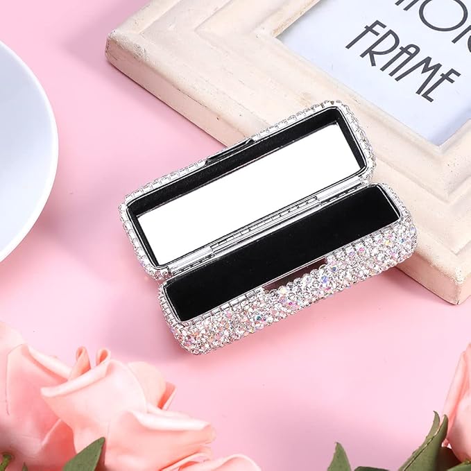 Rhinestone Lipstick Case with Mirror Bling Crystal Lipstick Case Diamonds Makeup Cosmetic Storage Box Holder for Purse(COLOR:White)