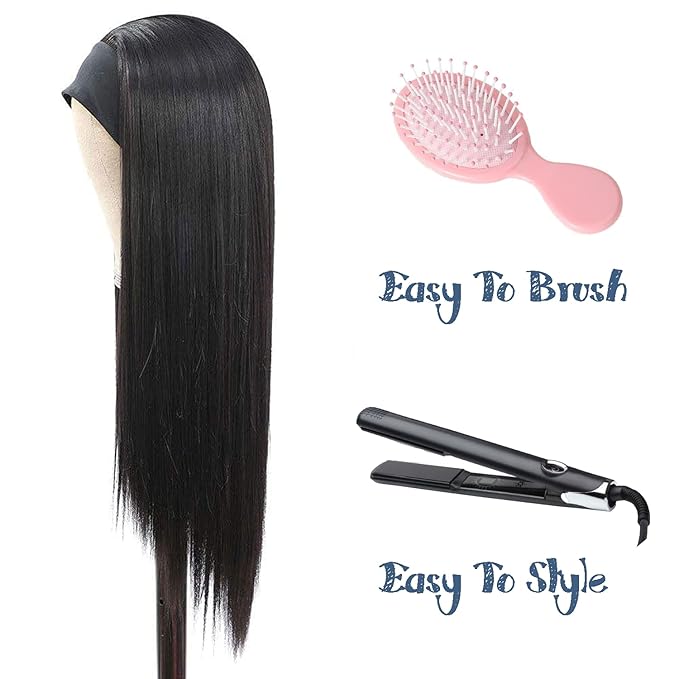 XSY Headband Wig Human Hair Straight Brazilian Virgin Human Hair Wigs for Black Women Glueless Headband Wig Half Wig Natural Black Color 150% Density 22 Inch