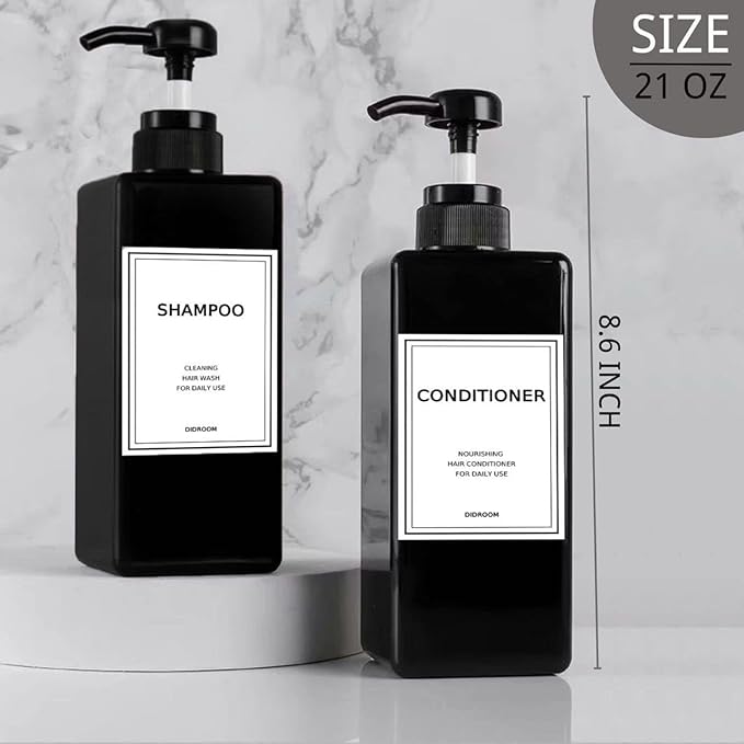 Modern Shampoo and Conditioner Dispenser (21 oz, Pack of 3) Refillable Pump Bottle Set Empty Shower Plastic Bottles with Pump for Bathroom Body Wash Soap and Shower