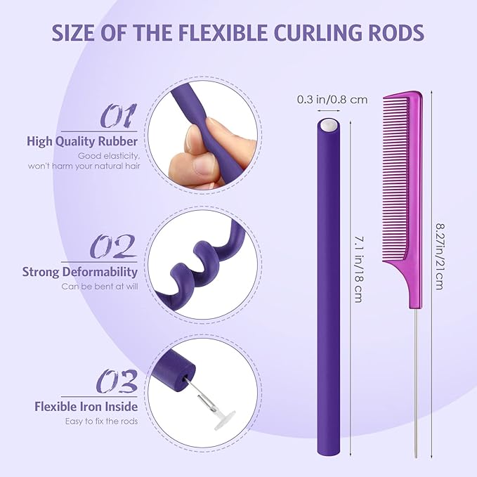 WILLBOND 60 Pieces Flexible Curling Rods Hair Curlers Rollers Twist Flexi No Heat Rods Rollers for Long Short Hair Women(0.3 x 7 Inch,Purple)