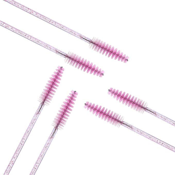 Elisel 100pcs Disposable Mascara Brushes with Container, Mascara Wands Makeup Brushes Applicators Kits for Eyelash Extensions and Eyebrow Brush (Crystal Pink)