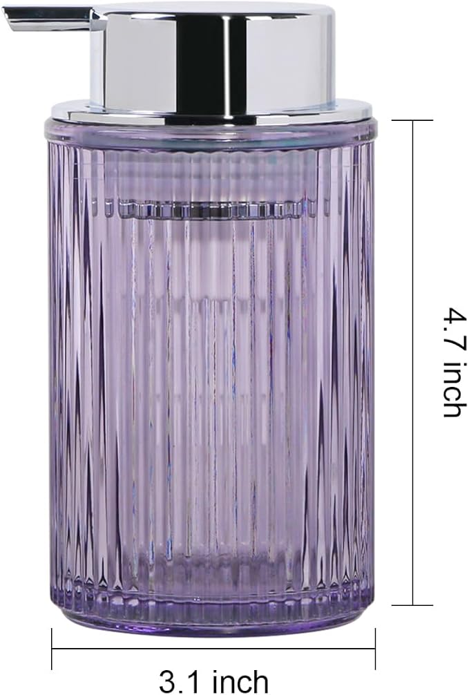 Foaming Soap Dispenser, 12 Oz Purple Glass Foam Hand Soap Dispenser, Refillable Glass Foam Pump Bottle Container Decorative Slim Ribbed Bottle for Bathroom and Kitchen