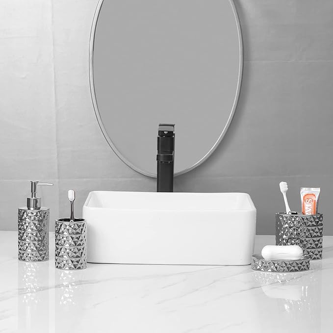 Silver Bathroom Accessories Set, 4 Piece Ceramic Bath Accessory Sets Complete, Diamond Soap Dispenser and Silver Toothbrush Holder Set for Bathroom Counter Sink, Farm Modern Bathroom Decor