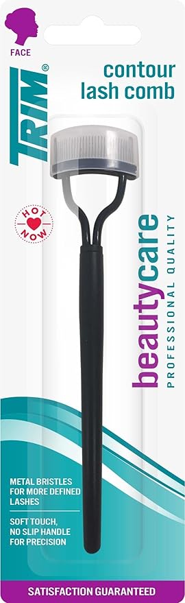 Trim Contour Lash Comb with Cover - Professional Eyelash Separator - Natural-Looking Defined Lashes - Metal Bristles - Curved Design - Non-Slip Handle - Black