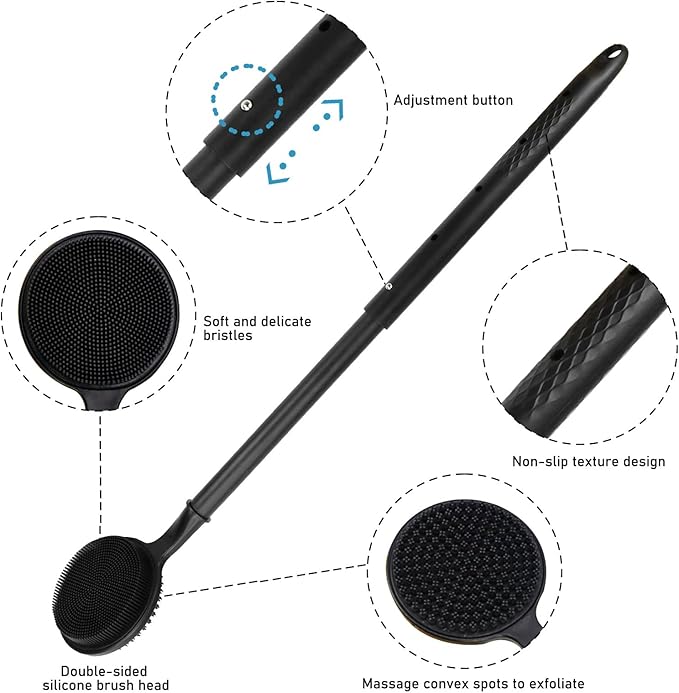 OZNER 24 Inches Silicone Back Scrubber for Shower - Extendable Long Handle Shower Brush with Dual-Sided Bristles - Exfoliating Body Scrubber for Sensitive Skin - Perfect for Men & Women (Black)