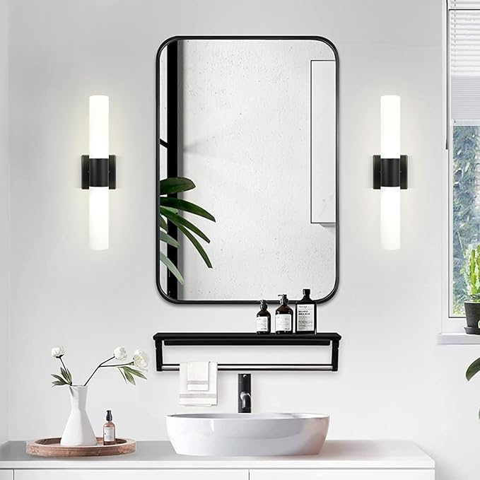 Kalium Bathroom Wall Sconces Set of Two, 21 Inch Modern Vanity Lights with Frosted Glass Shade, Bathrooms Vanity Lighting Fixtures for Mirror Bedroom Living Room Hallway (Black)