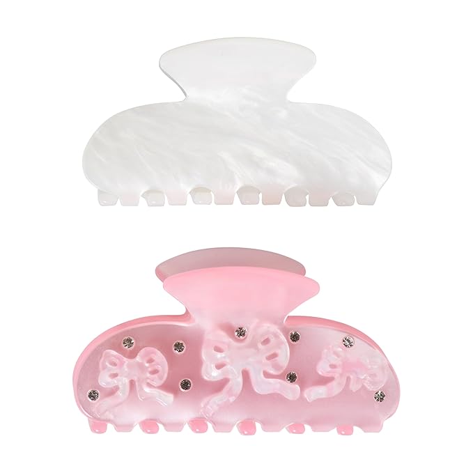 Goody SlideProof Large Claw Clips, Stylish, Secure Grip Hair Clips, Styling Accessories for All Occasions and All Hair Types, Gifts for Women & Girls, Pink Bow and White Marble, 2 Ct