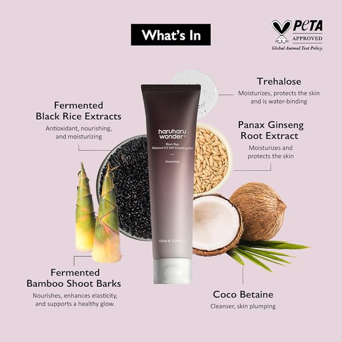 HARUHARU wonder Black Rice Moisture 5.5 Soft Cleansing Gel, Gentle Daily Cleanser, Low 5.5pH, Moisture Balance, Soap Free, For Sensitive Skin, Vegan, Cruelty-Free, 3.4 fl.oz