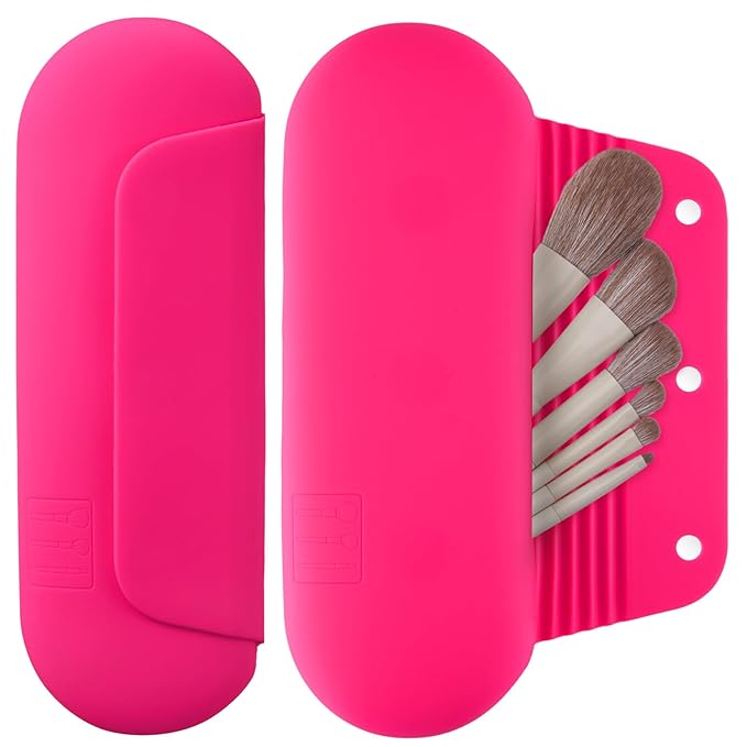 Silicone Makeup Brush Holder Travel Cosmetic Bag：Soft Portable Cosmetic Face Brushes Holder with Upgrade Anti-Fall Out Magnetic Closure, Large Travel Makeup Brush Case - Babbie Pink