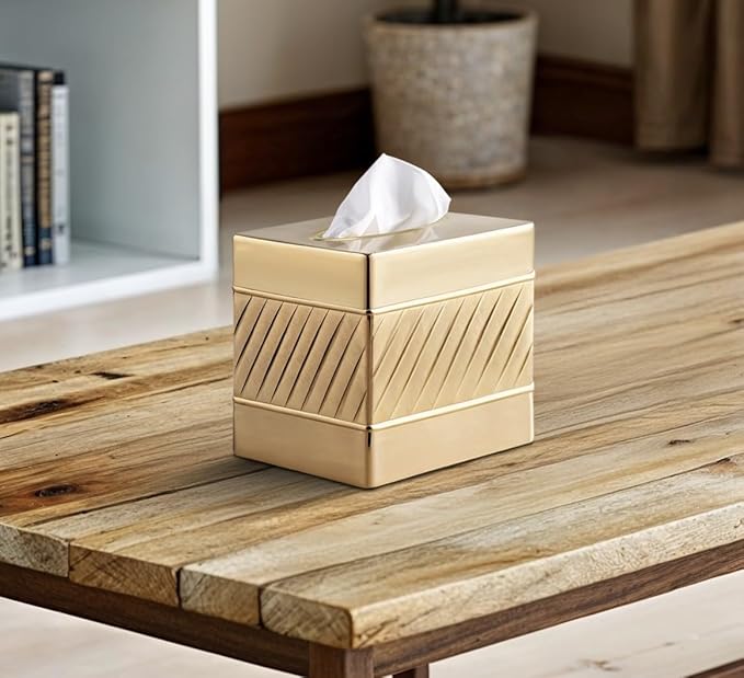 Monarch Abode Tissue Box Cover Square – Handcrafted Wave Embossed Brushed Gold Metal Tissue Holder Box for Bathroom Accessory, Aesthetic Decorative Facial Napkin Cube for Modern Home Decor