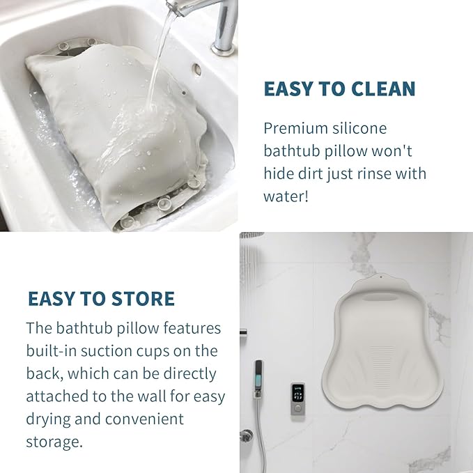 Silicone Bath Pillow for Tub – Ergonomic Bathtub Headrest with Inflatable Air Cushion, Non-Slip Suction Cups & Neck/Back Support – Comfortable Spa Bath Accessory for Relaxation (Cream White)