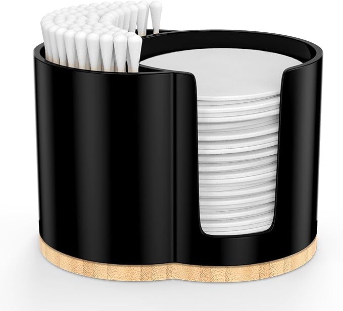 Cotton Pad and Swab Holder, Q tip Holder Round Cotton Pad Dispenser Plastic Cotton Swabs Dispenser, Bathroom Accessories Storage Organizer for Cotton Pads Floss Picks, Black