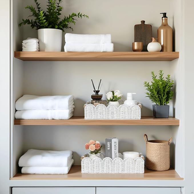 CubesLand Toilet Paper Storage Basket, Scalloped Edge Shelves Basket for Organizing for Over Toilet Tank Storage, Home Decor Baskets for Shelf, Countertop, Living Room, Bedroom, Handwoven, White