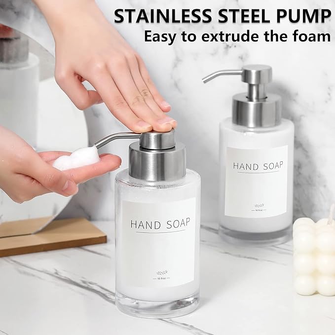 Foaming Soap Dispenser Set, 12 Oz Glass Hand Soap Dispenser with 304 Rust Proof Stainless Steel Pump, Waterproof Labels, for Bathroom Decor Kitchen College Dorm, Clear Silver Pump