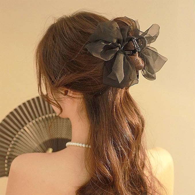 Black Mesh Tulle Bowknot Hair Claw Clips - Large Chiffon Clips for Women's Thick Hair, Elegant Hair Accessories