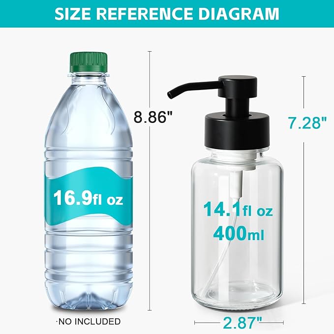 Foaming Hand Soap Dispenser, 14.1 oz/400ml Foaming Soap Dispenser, 2 Pack Glass Foaming Dispenser for Bathroom & Kitchen, Clear Refillable Liquid Dispenser Bottle with Waterproof Labels