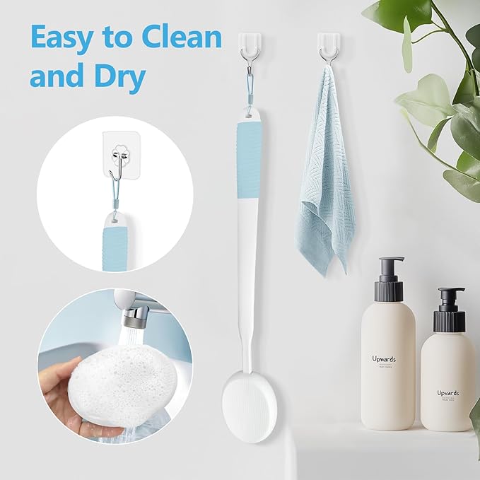 19'' Lotion Applicator for Back, Long White Handle Back Lotion Applicator with Blue Non-Slip Grip & 3 Washable White Pads, Suitable for Sunscreen, Tanning & Moisturizers, for All Ages