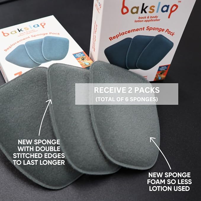 Bakslap Lotion Applicator Replacement Sponges, 2-Pack (6 Total) – Reusable Pads for Back Self-Application of Skin Cream, Self-Tanning, Beauty, and Medical Lotions – for Men & Women