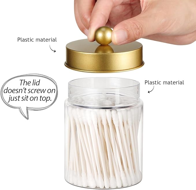 3PC Farmhouse Decor Qtip Holder Apothecary Jars Bathroom Vanity Storage Organizer -Countertop Canister Container &Cute Stickers for Cotton Swab,Ball,Pad,Floss,Paper Clips (Gold,Plastic)