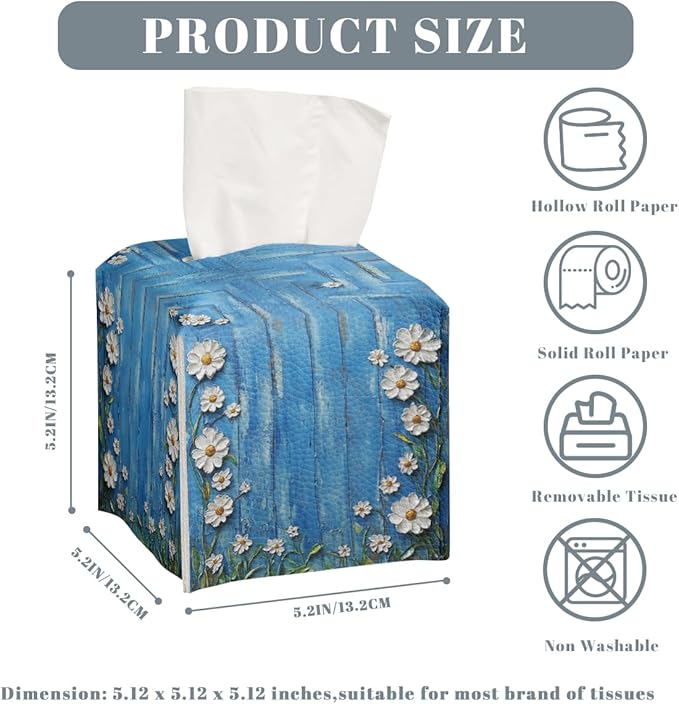 White Flowers Daisy Tissue Box Cover Rustic Floral Wooden Square PU Leather Waterproof Tissue Box Holder for Bathroom Kitchen Bedroom Vanity Countertop Night Stands