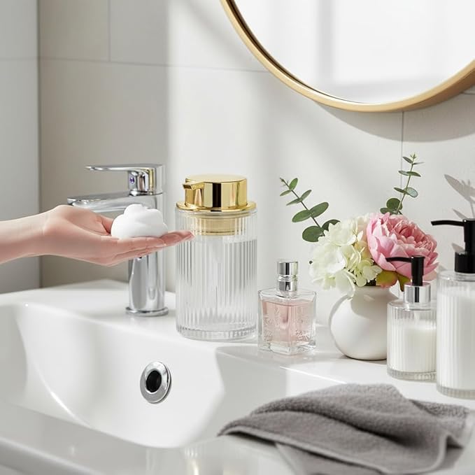 Foaming Soap Dispenser, 12 Oz Clear Glass Foam Hand Soap Dispenser, Refillable Glass Foam Pump Bottle Container Decorative Slim Ribbed Bottle for Bathroom and Kitchen