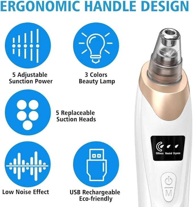 Blackhead Remover Vacuum - Professional Blackhead Extractor for Face with 3 Adjustable Suction Levels, USB Rechargeable Pore Cleaner, and 5 Interchangeable Probes (Off-White)