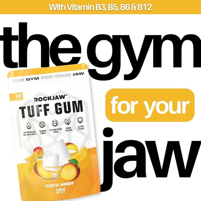 ROCKJAW® Jawline Gum - Tuff Gum 2.0 with B Vitamin Complex - 100% Xylitol, Aspartame Free, Sugar Free - Exotic Mango (Stim-Free) - 2 Months Supply