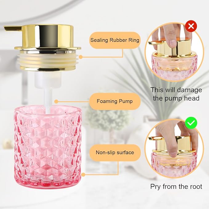 2pcs Pink Glass Foaming Soap Dispenser, Bathroom Refillable 10 Oz Foam Hand Soap Dispenser, Vintage Lotion Shampoo Container Gold Large Pump Bottle for Bathroom Countertop and Kitchen Decor