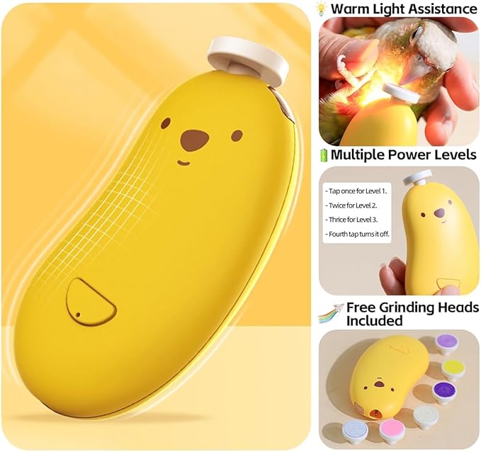 MANON ROSA Bird Nail Grinder, Bird Beak Grinder- Safe and Quiet Bird Nail Care Tool, Complete Grooming Kit for Parrots Conures Cockatiels Finches Parakeets, Premium Beak Maintenance (Yellow)