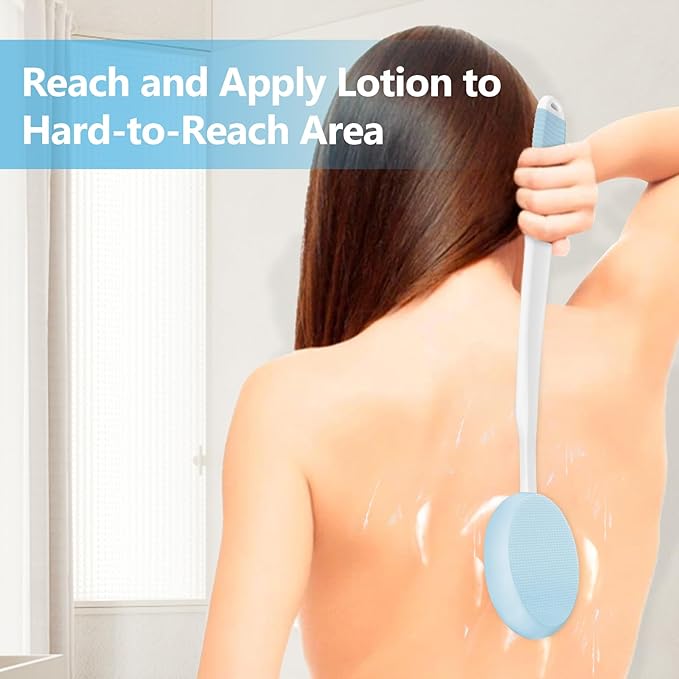 19" Long White Handle Back Lotion Applicator with Blue Non-Slip Grip & 3 Washable Blue Pads, Suitable for Sunscreen, Tanning & Moisturizers, for All Ages