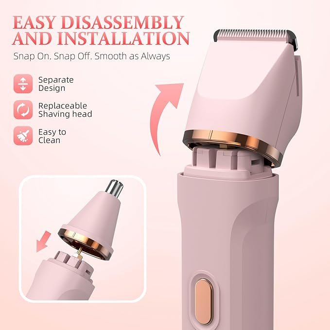 5-in-1 Bikini Trimmer for Women, IPX7 Waterproof Electric Razors Shaver, Cordless Body Hair Trimmer, Facial & Pubic Hair Removal, Ceramic Blade (Pink)