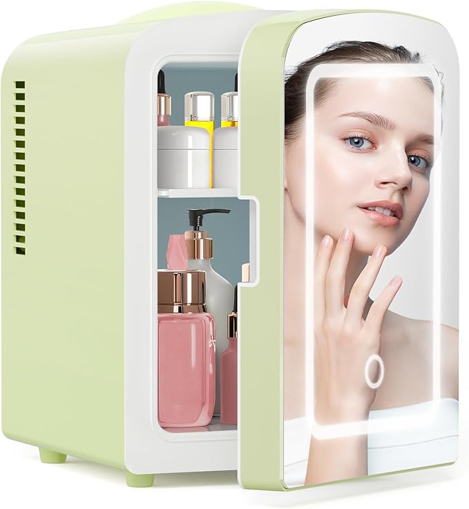 Xbeauty Skincare Mini Fridge With Dimmable LED Mirror, 4L Mini Makeup Refrigerator for SkinCare, Cosmetics, Food & Drinks, Portable Small Refrigerator for Bedroom, Dorm, Car, Office, Green