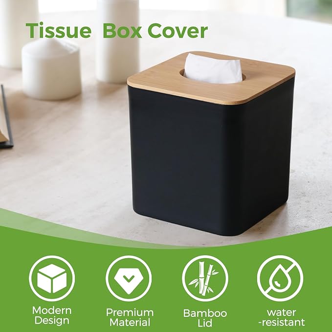 2 Pack Tissue Box Cover Square, Black Tissue Box Holder with Bamboo Cover Plate, Cube Decorative Tissue Box Cover Tissue Holders for Bathrooms