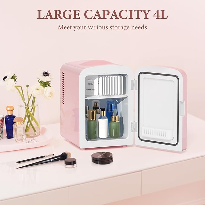 Xbeauty Skincare Mini Fridge With Dimmable LED Mirror, 4L Mini Makeup Refrigerator for SkinCare, Cosmetics, Food & Drinks, Portable Small Refrigerator for Bedroom, Dorm, Car, Office, Pink