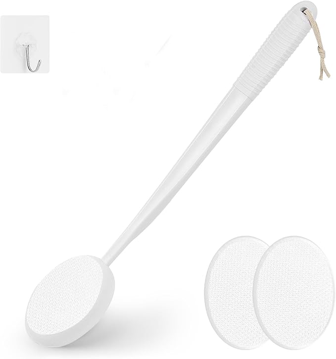 Lotion Applicator for Back, Feet & Legs, Long Plastic Handle Moisturizer Cream, Self Tanning, Sunscreen, Ointment, Medicine Back Applicator for Elderly, Men or Women with 3 Washable Pads (White)