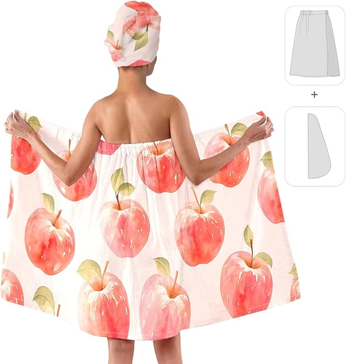 Women’s Apple Print Bath Wrap and Hair Towel Set, Soft Absorbent Microfiber Quick-Dry Shower Body Skirt with Elastic Closure, Lightweight Spa Towel for Home, Gym & Travel (Apple 1)