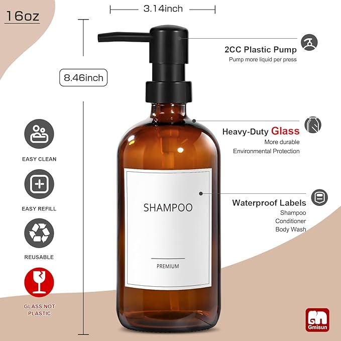 GMISUN Glass Shampoo and Conditioner Dispenser, Shower Soap Dispenser Bottles with Labels, Refillable Shampoo Conditioner Body Wash Dispensers, Amber Glass Soap Pump Dispenser Set for Bathroom Shower