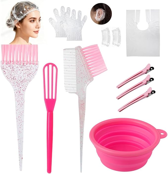 Hair Dye Color Brush and Bowl Set, Color Bowl Brushes Tool Mixing Bowl Kit Tint Comb for Hair Tint Dying Coloring Applicator (Pinky&Clear)