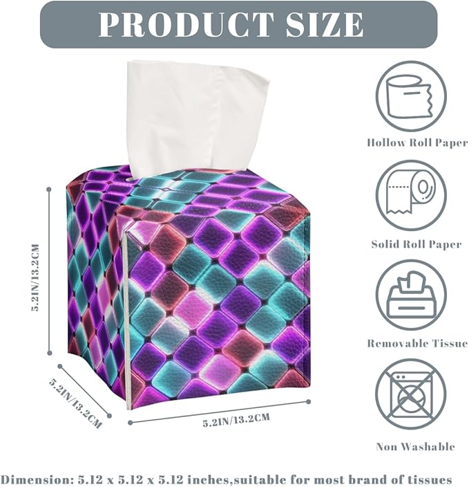 Neon Tissue Box Cover Colorful Rainbow Tiles Purple Blue Pink Leather Tissue Box Holder Square Facial Paper Organizer Dispenser for Car Bathroom Bedroom Office Tabletop Decor