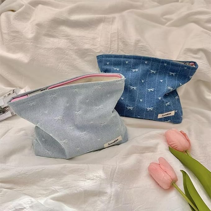 SxoSyo Makeup Bag for Women Cosmetic Bags Large Purse Travel Toiletry Zipper Storage Pouch Make up Brushes Organizer for Gifts (bowknot, denim blue)