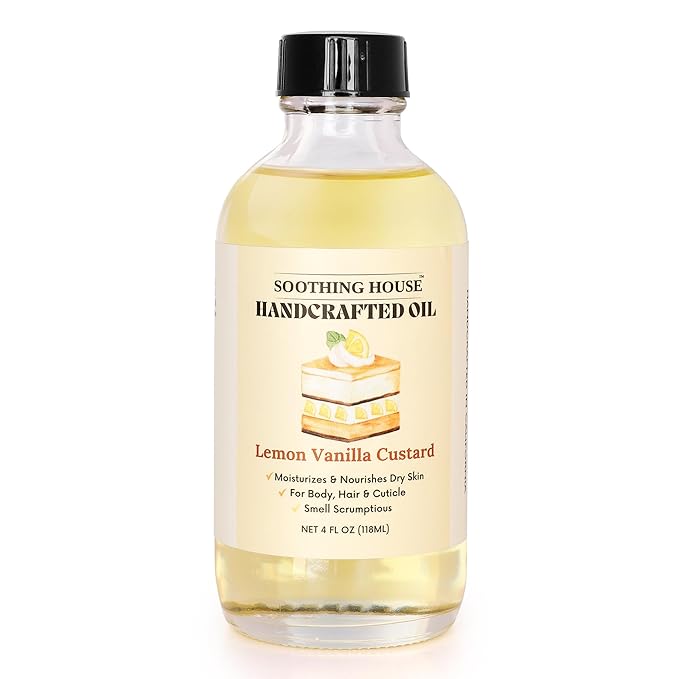 Lemon Vanilla Custard Oil with All-Natural Moisturizing Body Oil for Soft, Glowing Skin with Almond & Jojoba Oil (4 fl oz)