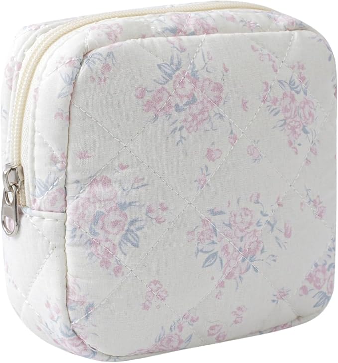 Small Quilted Cosmetic Pouch for Purse, Mini Cotton Makeup Bag with Compartments, Cute Zipper Lipstick Holder for Women (13PinkRose)